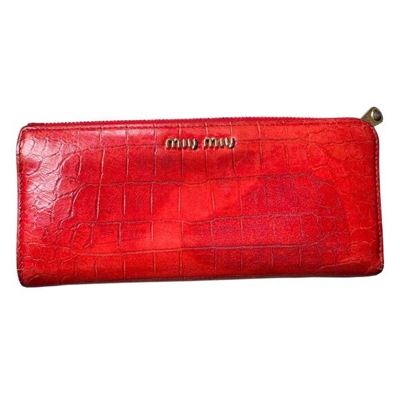 Miu Miu Red Croc Embossed Leather Zip Around Wallet with Original Box - Picture 1 of 16